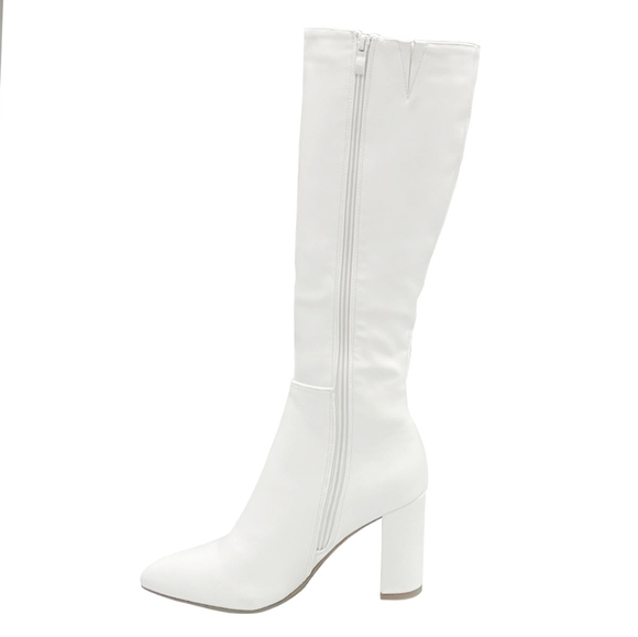 New White Point Toe Knee High Chunky Heel Tall Boots - Picture 5 of 5